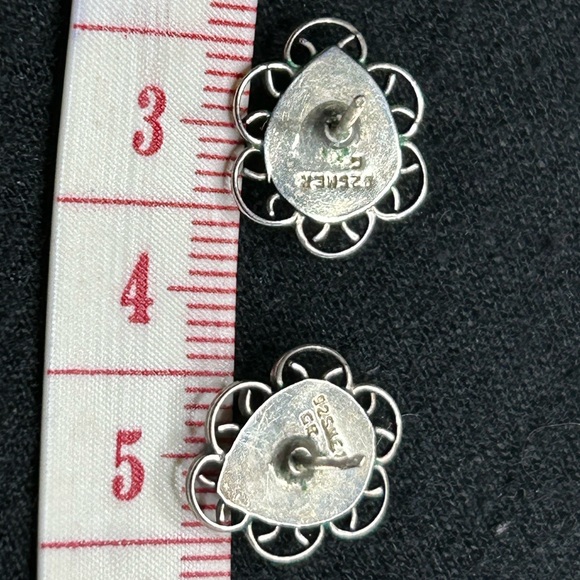 Teardrop Shaped Tigers Eye Pierced Earrings with Scrolling Stamped 925 Silver - Picture 7 of 9